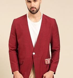 Wine Printed Cotton Blazer For Men