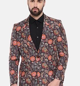 Black Two Button Printed Cotton Blazer For Men