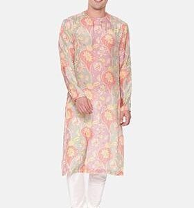 Baby Pink Floral Print Muslin Kurta Set For Men