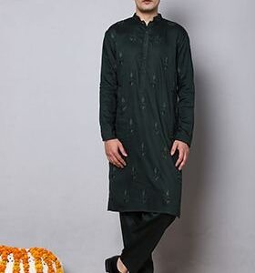 Bottle Green Thread And Bead Embroidered Kurta Set For Men