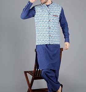 Blue Alhena Block Print Bundi Jacket For Men
