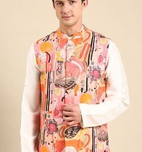 Pink And Orange Digital Print Muslin Nehru Jacket For Men
