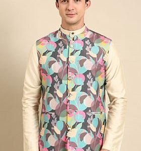 Multicolour Digital Print Muslin Nehru Jacket For Men