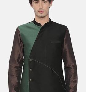 Black And Green Cotton Silk Nehru Jacket For Men