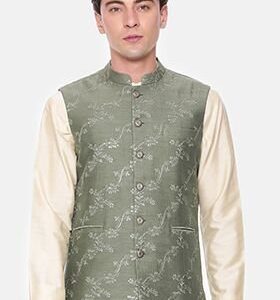 Green Floral Embroidered Chanderi Nehru Jacket For Men