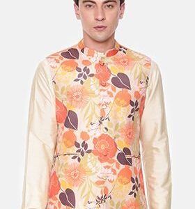 Orange And Beige Floral Print Muslin Nehru Jacket For Men
