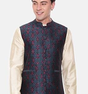 Blue Printed Chanderi Nehru Jacket For Men
