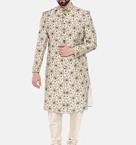Beige Printed Muslin Sherwani Set For Men