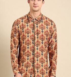 Mustard Floral Print Muslin Shirt For Men