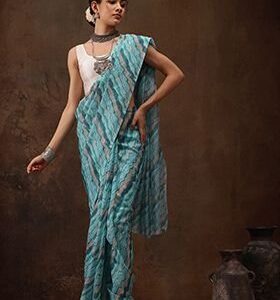 Turquoise Abstract Digital Print Cotton Blend Saree Set