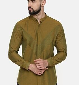 Mustard Green Pintuck Cotton Shirt For Men