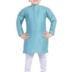 Blue Printed Cotton Blend Kurta Set For Boys
