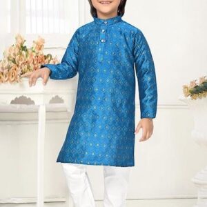 Blue Jacquard Kurta Set For Boys