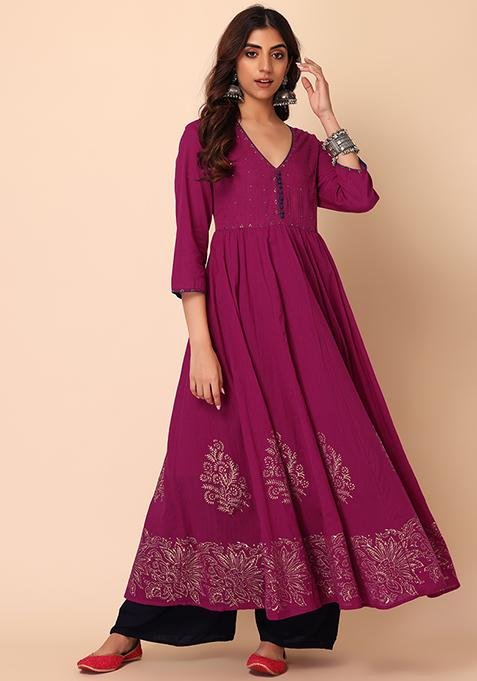 Hot Pink Foil Print Cotton Anarkali Kurta