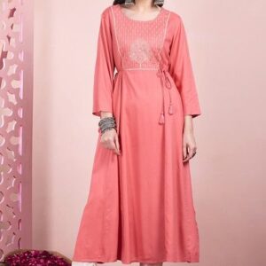 Peach Zari Embroidered Rayon Dress