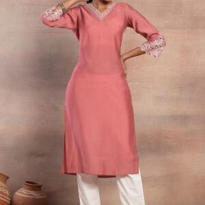 Pink Thread Embroidered Muslin Straight Kurta