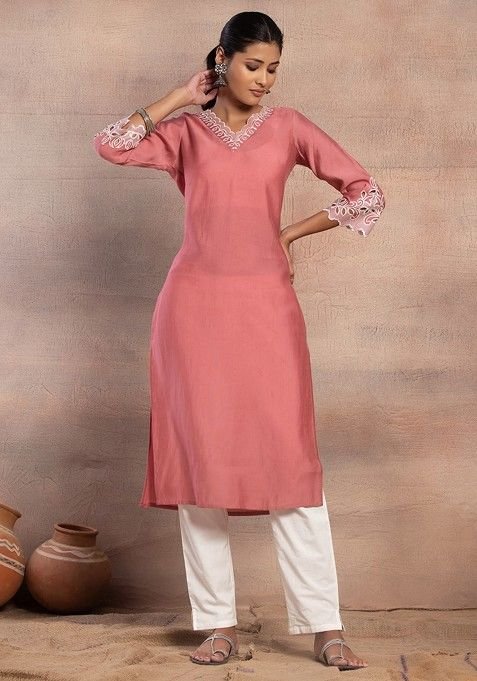Pink Thread Embroidered Muslin Straight Kurta