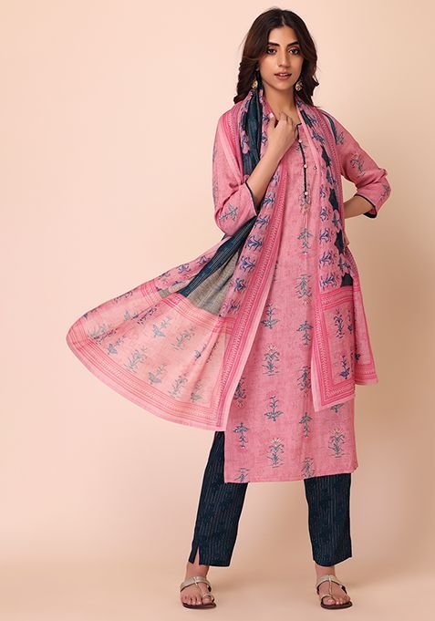Pink Rayon Kurta With Pants And Dupatta (Set of 3)