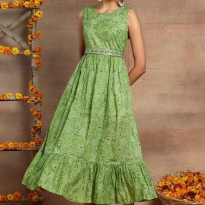 Light Green Bandhani Print Tiered Cotton Dress