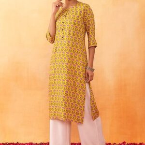 Yellow Floral Boota Print Rayon Kurta