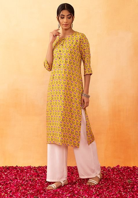 Yellow Floral Boota Print Rayon Kurta