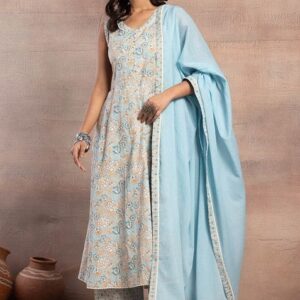 Light Blue Floral Print Sleeveless Cotton Kurta With Pants And Dupatta (Set of 3)