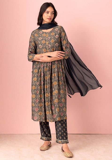 Brown Batik Print Muslin A-Line Kurta With Pants And Dupatta (Set of 3)