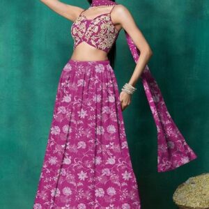 Rani Pink Lehenga Set With Floral Pearl Hand Embroidered Blouse And Choker Dupatta