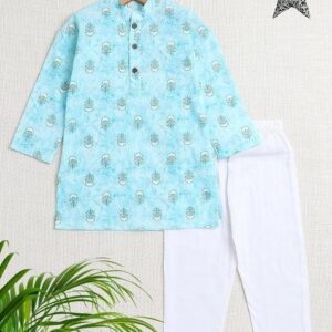 Blue Printed Cotton Kurta Set For Boys