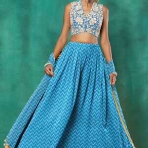 Sea Blue Lehenga Set With Floral Sequin Hand Embroidered Blouse And Dupatta