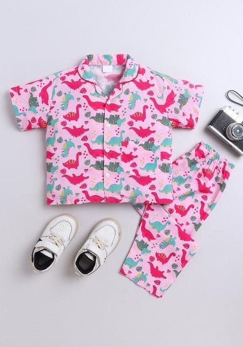 Pink Printed Cotton Shirt Pant Set For Boys
