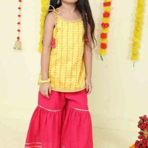 Yellow Stripes Polyester Kurta Set For Girls