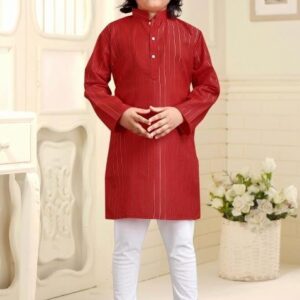 Red Embroidered Cotton Kurta With Pyjama For Boys