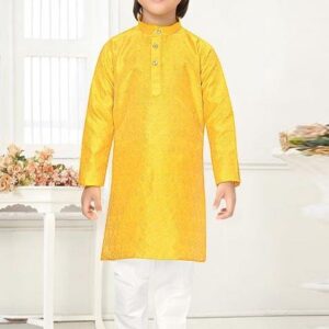 Yellow Jacquard Kurta Set For Boys