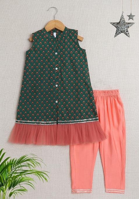 Green Printed Cotton Kurta Set For Girls
