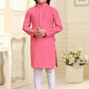 Light Pink Embroidered Cotton Kurta With Pyjama For Boys