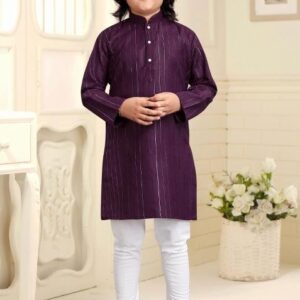 Wine Embroidered Cotton Kurta With Pyjama For Boys