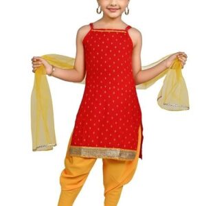 Red Printed Cotton Kurta Set For Girls