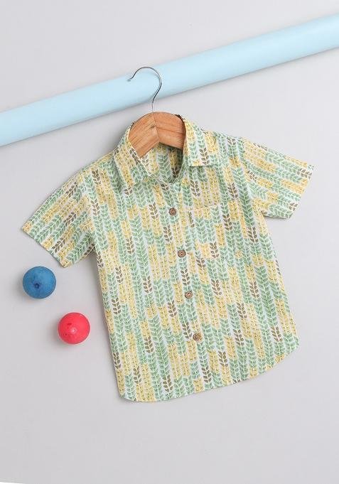 Green Embroidered Cotton Shirt For Boys