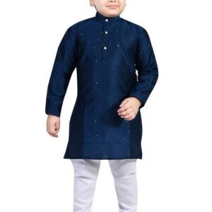 Blue Printed Cotton Blend Kurta Set For Boys