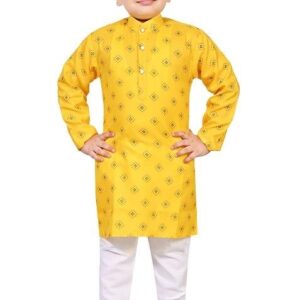 Yellow Printed Cotton Blend Kurta Set For Boys
