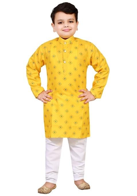Yellow Printed Cotton Blend Kurta Set For Boys