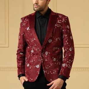 Maroon Embroidered Velvet Blazer Set For Men