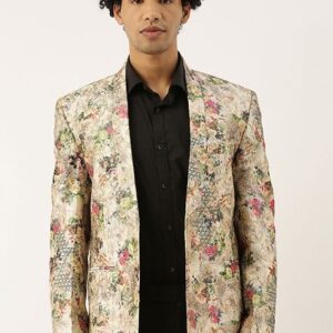 Beige Floral Print Open Jacket For Men