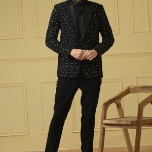 Black Bead Embroidered Blazer Set For Men