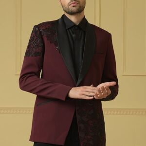 Maroon Bead Embroidered Blazer Set For Men