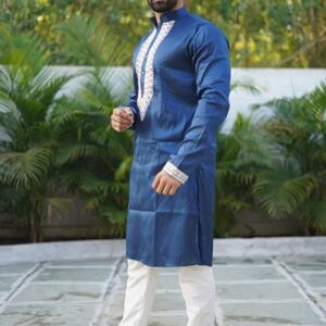 Blue Coding Work Silk Kurta Set For Men