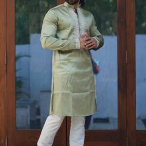 Mehendi Coding Work Silk Kurta Set For Men