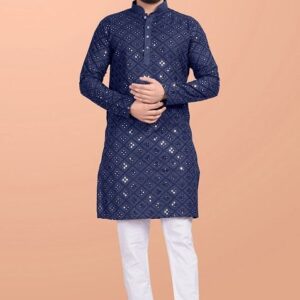 Blue Embroidered Cotton Blend Kurta Set For Men