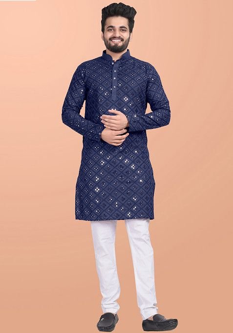 Blue Embroidered Cotton Blend Kurta Set For Men